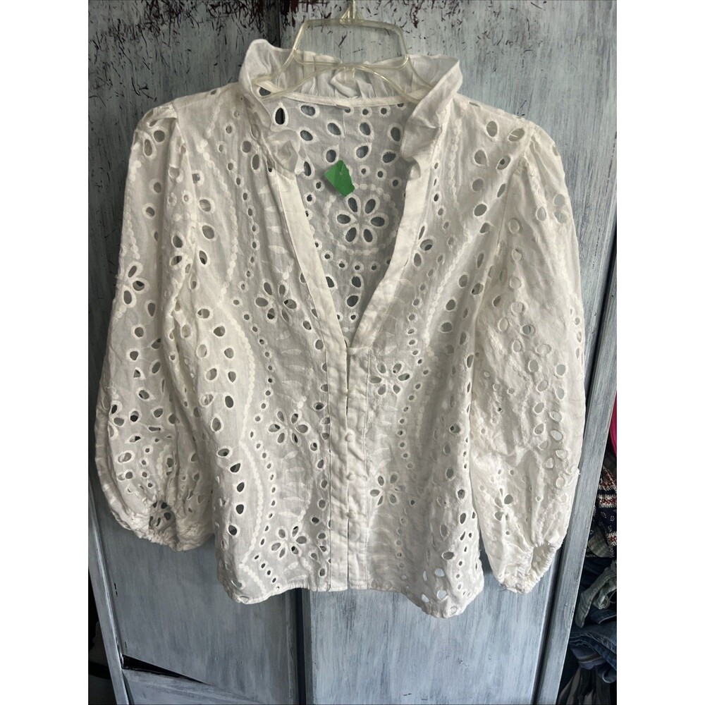 Embroidered eyelet puff sleeve ruffled blouse White Xs Boho Cottage Core Feminin